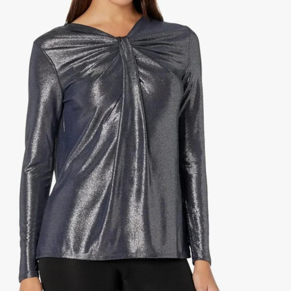 H Halston Metallic Silver Blue Top, Size Large, Pullover Long Sleeve, New w Tags - Picture 2 of 9